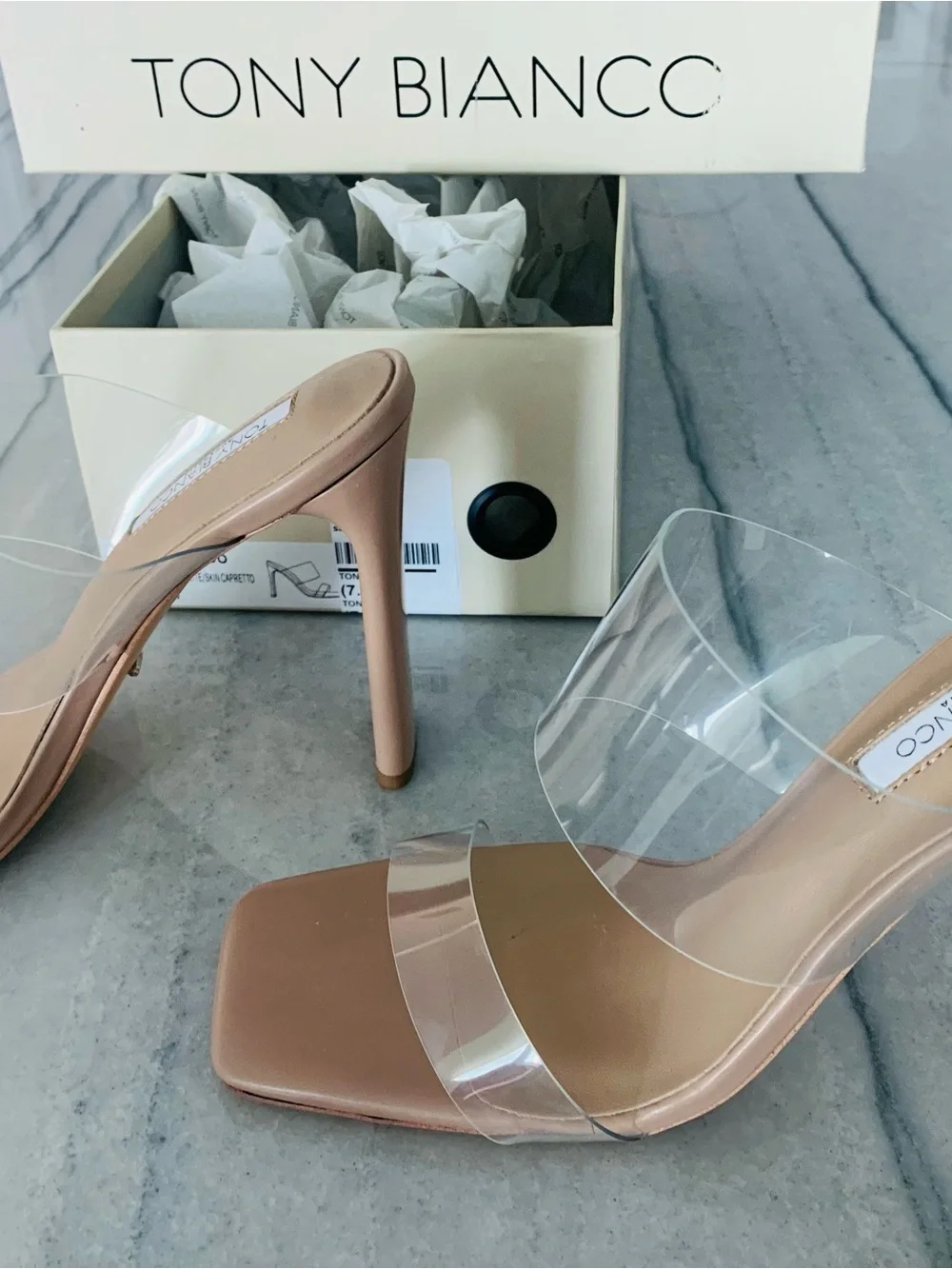 Tony Bianco Fresco Clear Vinyl & Tan Nappa Block Heel